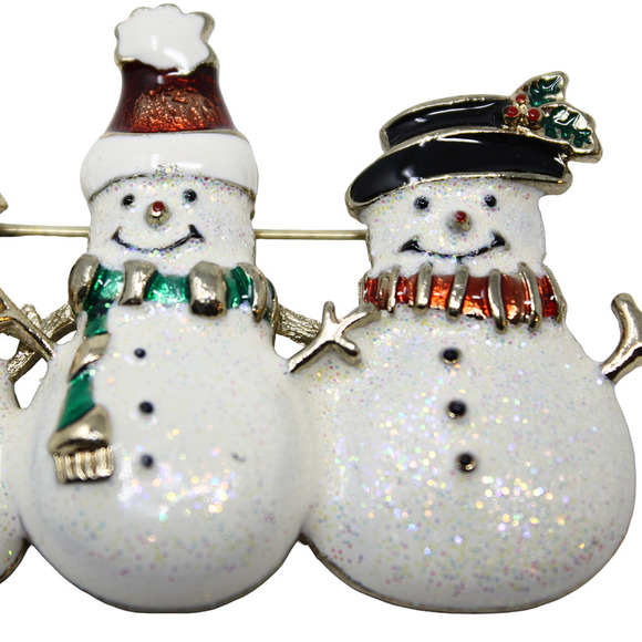 Vintage Holiday Sparkle Enamel Smiling Snowmen Trio Pin Brooch 2.5" - Hey Viv - Picture 4 of 6